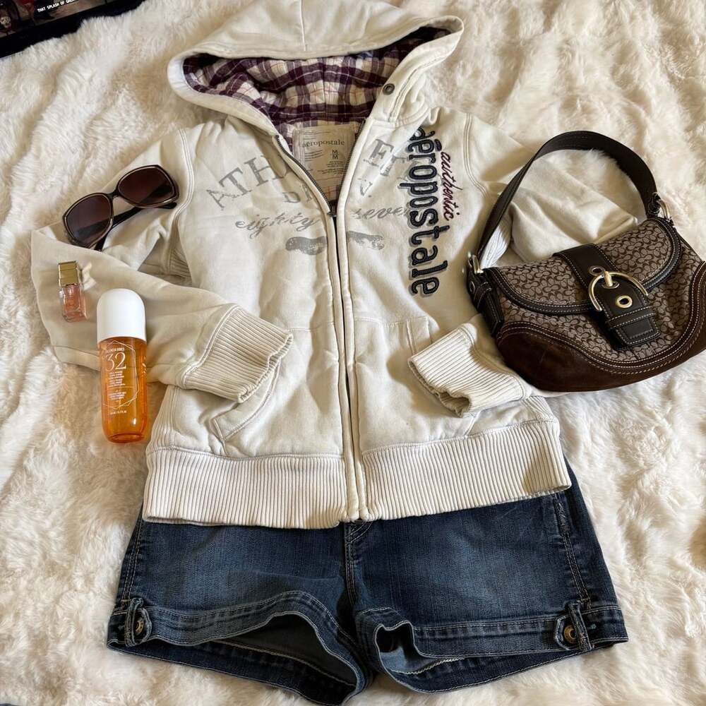 Aeropostale Zip-Up Hoodie Size M White Plaid Lined Y2K